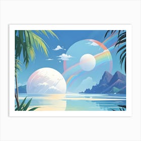 Tropical Scene With Rainbow, Palm Trees, And White Sphere Art Print