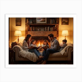 Cozy Room Interior In A Norman Rockwell Painting Style Family Of Four Engaged In A Shared Reading M (2) Art Print