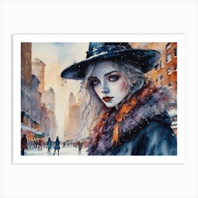 Watercolor Witch in New York City Ice Skating Rink NY Witchy Goth Girl Art Snowing Winter Scene Christmas Yule Iconic Wicca Pale Faced Beautiful Woman in a Hat Fairytale Magical Gallery Feature Wall HD Art Print