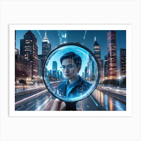 A Man Is Holding A Magnifying Glass Over A City Street At Night Art Print