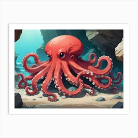 A Red Octopus Sits On A Sandy Seabed Amongst Rocks And Coral In A Cartoon Style Art Print