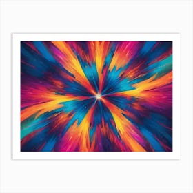 Abstract Burst Of Vibrant Colors Blue, Orange, Pink, And Yellow Radiating Outwards From A Central Point, Creating A Sense Of Energy And Motion Art Print