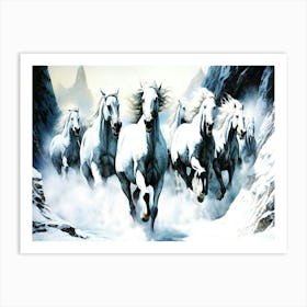 White Stallion Horses - Horses In The Snow Art Print