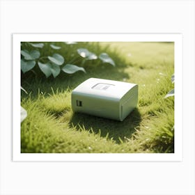 A Close Up Shot Of A Silver Box On Green Grass, Creating A Sense Of Nature And Technology Art Print