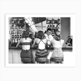 Young Women Sitting at Bar, Bat Cart Decor, Vintage Black and White Old Photo Art Print