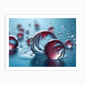 A Close Up Shot Of A Group Of Water Droplets, With One Larger Droplet In The Center And Smaller Droplets Surrounding It Art Print