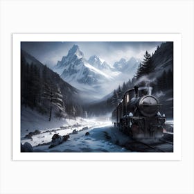 Winter Steam Train with alps view #4 - Oil Painting Art Print