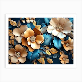 3d Art with Colorful Golden Flowers and Blue Leaves Art Print