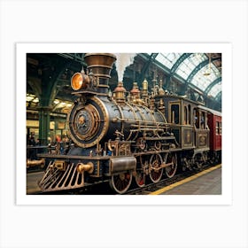 Steampunk Train Depicted In Closeup At Victoria Station London Featuring Victorian Aesthetic With 1 Art Print