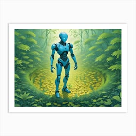 Blue Robot Standing In A Lush Green Forest Clearing Art Print