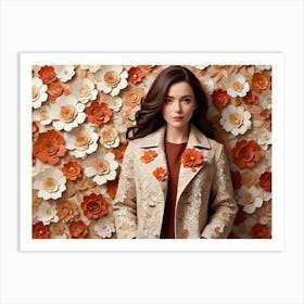 Woman In A Beige Jacket Posing Against A Flower Wall Art Print