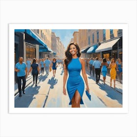 Blue Woman Walking Down The Street Art Print