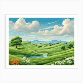 Landscape With Trees And Flowers Art Print