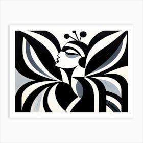 Minimalist & Bold Monochrome Female Portrait with Butterfly Wings Art Print