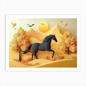 3d Horse And Golden Trees With Colored Mountains 1 Art Print