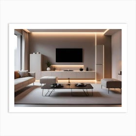 A Living Room With Beige Walls, A White Couch, A Coffee Table, And A Large Screen Television Art Print