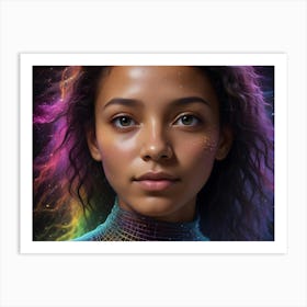 A Portrait Of A Young Woman With Long, Colorful Hair, Her Face Is Surrounded By A Glowing, Digital Grid Pattern, Creating A Futuristic Or Ethereal Effect Art Print