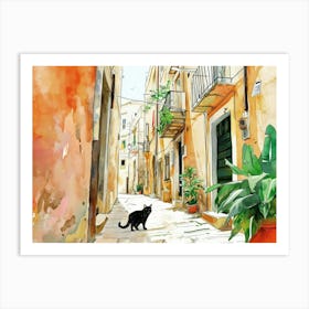 Bari, Italy   Black Cat In Street Art Watercolour Painting 4 Art Print