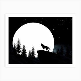 Illustration Of A Lone Wolf Howling Under A Full Moon In The Wilderness Of Wyoming Its Silhouette A 2 Art Print