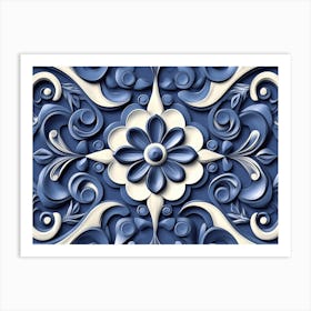 Seamless Sculpture Retro Pattern Blue Spiral Curve Cross Dot Line Frame Plant Flower Art Print