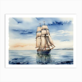 Sailing ship on the sea, watercolor painting Art Print