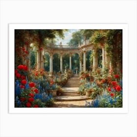 Geraniums red, and Delphiniums, blue Art Print