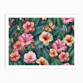 Floral Seamless Pattern With Tropical Flowers Bouquets, Plumeria, Protea, Hibiscus, Glasswinged Butterflies, Fresh Foliage, Exotic Art Print