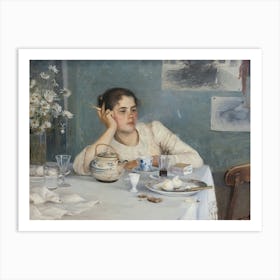 Woman Smoking At Breakfast Table, Moody Vintage Woman Portrait Art Print