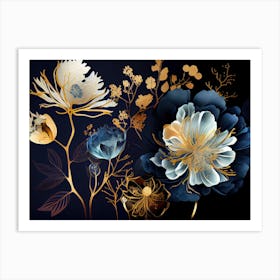 Blue And Gold Flowers 3 Art Print