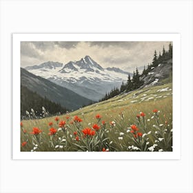 Vintage Oil Painting of indian Paintbrushes in a Meadow, Mountains in the Background 8 Art Print