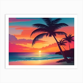 Illustration A Tranquil Beach Background Featuring Gentle Waves A Palm Tree Swaying In The Breeze And A Colorful Sunset Centered High Quality 3 2023102310206692 Ktcf Rwzo Art Print