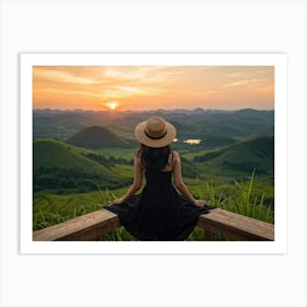 Evening View Of An Asian Woman Perched Solo On A Wooden Terrace Decked In A Summer Hat Her Black At (2) Art Print