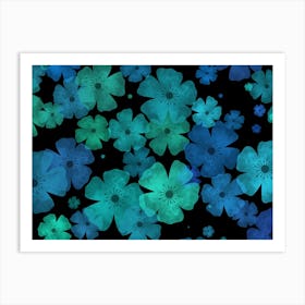 Blue Flowers On Black Background Art Print