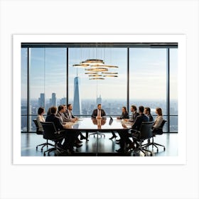 Confident Ceo Seated At The Head Of A Sleek Gleaming Mahogany Conference Table Leading An Energize Art Print