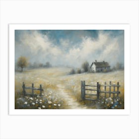 Rustic Countryside Farmhouse Print in Neutral Tones | Farm Country Art | Cream White Wildflowers Meadow Artwork | Landscape Faded Country House and Fields in HD Art Print