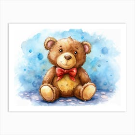 Watercolor Illustration Of A Teddy Bear With A Red Bow Art Print