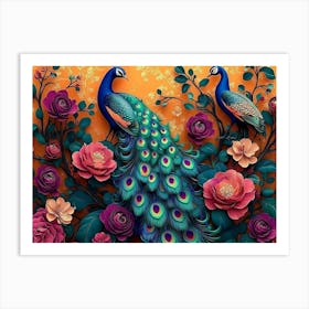 Peacocks And Flowers 1 Art Print