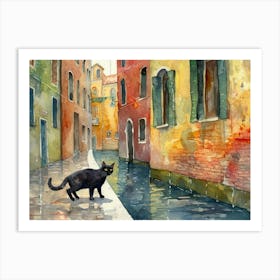 Black Cat In Venice, Italy, Street Art Watercolour Painting 4 Art Print
