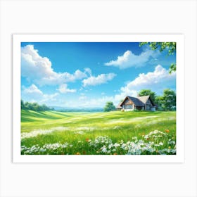 Cottage Basking In The Brilliance Of The Noon Sun Amidst A Sprawling Meadow A Single Vibrant Cloud Art Print