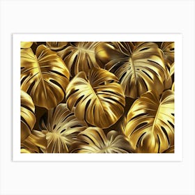 Golden Seamless Pattern with Shiny Monstera, Palm Leaves 1 Art Print