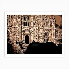 Gothic Cathedral Facade of Duomo of Milan. Cattedrale Metropolitana della Natività della Beata Vergine Maria. The image showcases a detailed close-up of a grand Gothic cathedral facade, rendered in a stylized, almost cartoon-like manner. The building is constructed from light-colored stone, featuring intricate carvings, pointed arches, and numerous windows with stained glass. 2 Art Print