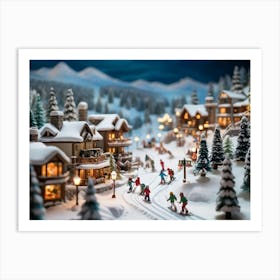 Miniature Ski Resort Teeming With Tiny Skiers And Snowboarders Gliding Down Snowy Mountainsides Coz Art Print