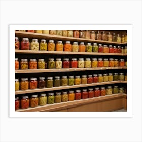 Jars Of Pickled Vegetables On Wooden Shelves In A Dark Room Art Print