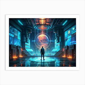 Man In A Control Room With Hologram Of Earth Art Print