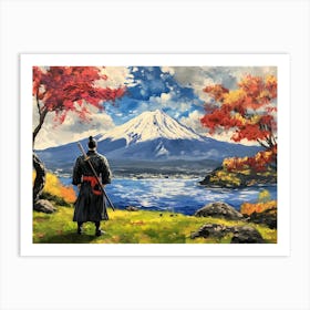 Samurai And Mountain Fuji - Autumn Art Print