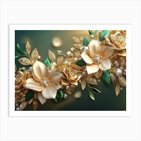 Artwork Illustration Background With Golden Jewelry And Flowers Affiche