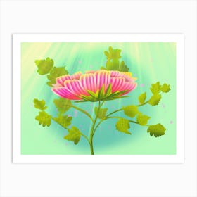 Radiant Bloom - Modern Retro Inspired Pink Flower with Green Leaves Art Print