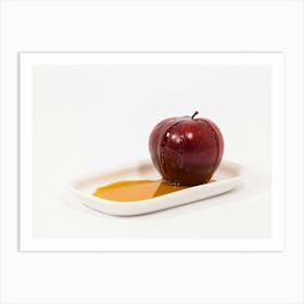 Red Apple With Drops Of Honey On White Plate With Honey Isolated On A White Background Art Print