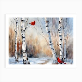 Winter Forest With Birch Trees & Cardinals Art Print