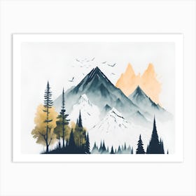 Mountain And Forest In Minimalist Watercolor Horizontal Composition 140 Art Print